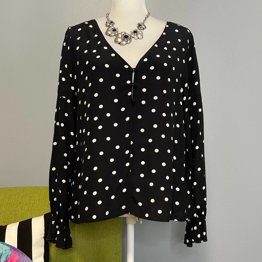 Sanctuary Alma Black Polka Dot V-Neck Ruffle Blouse Top